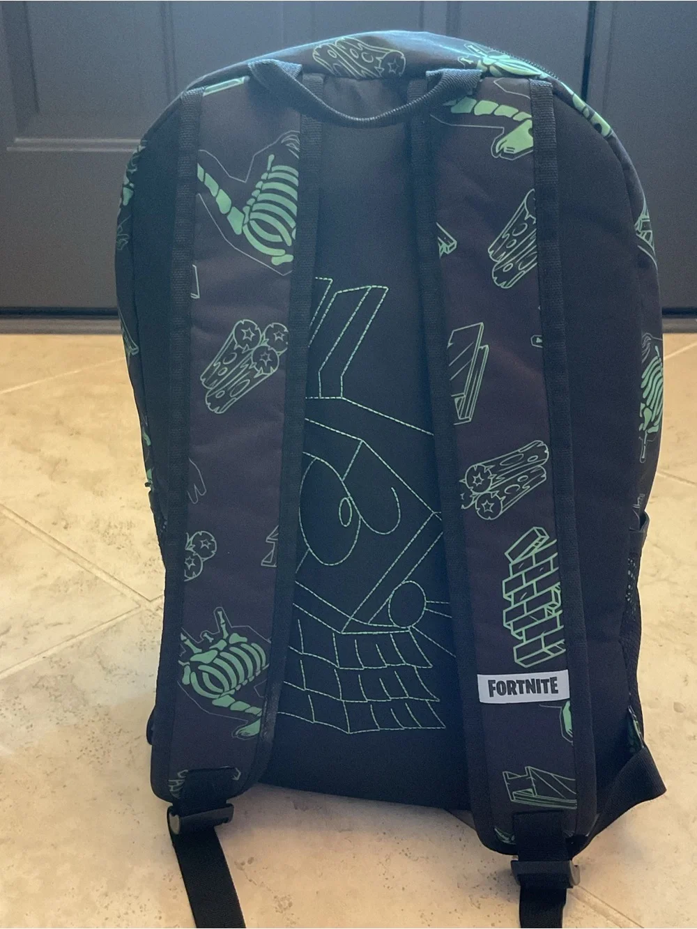 NWOT Fortnite Men's Black & Green Backpack-mesh sides, padded straps, zip pocket